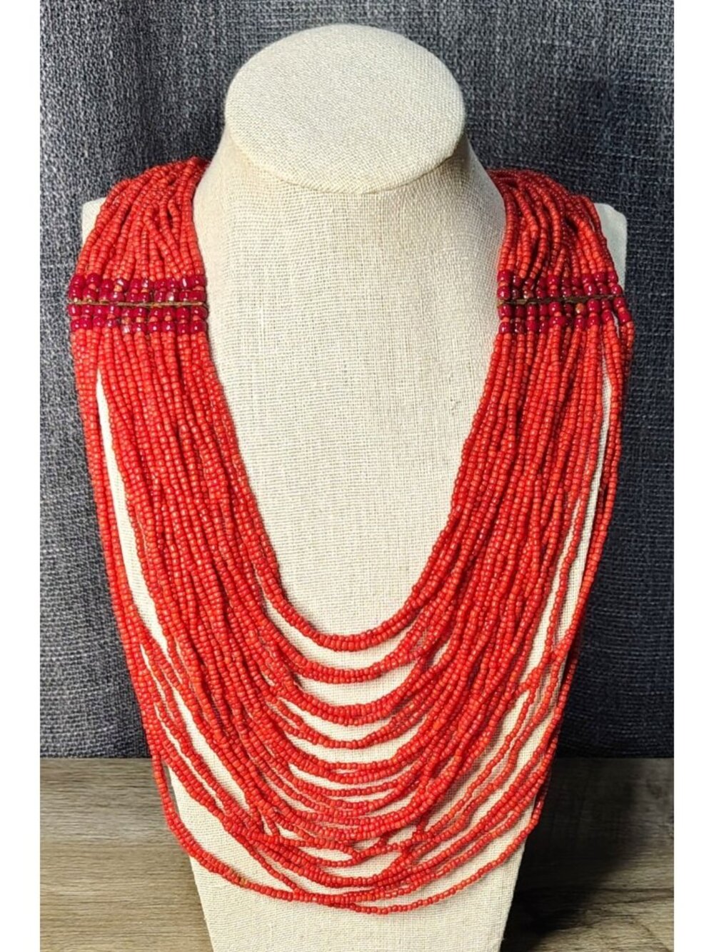 Vtg Red Seed Bead MultiLayer Cascading Bib Statement Necklace Ethnic Tribal Boho